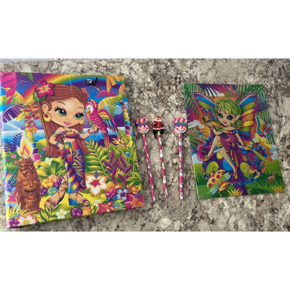 VTG Lisa Frank Nalani Tropical Hawaiian Girl Foil Cover Binder,Folder&3 Pencils‎